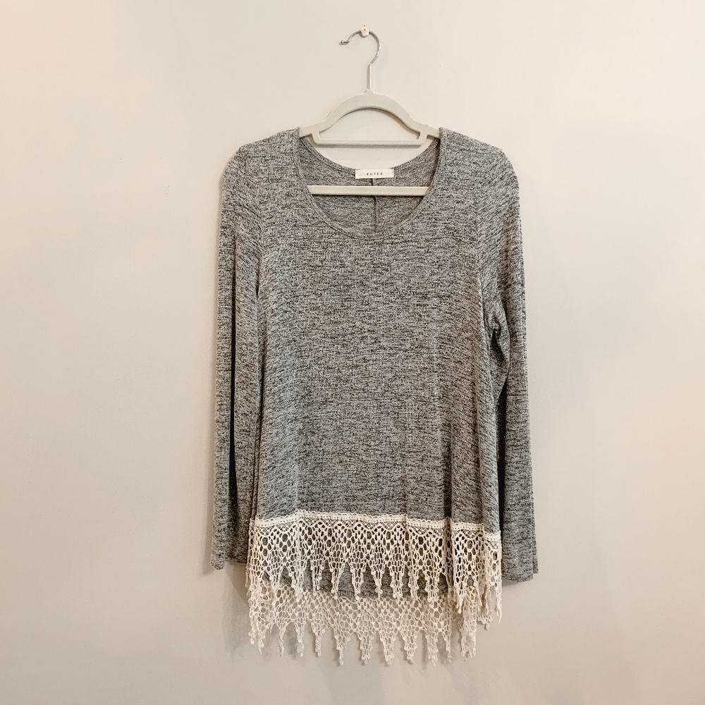 Entro Grey Long Sleeved Shirt with Lace Trim